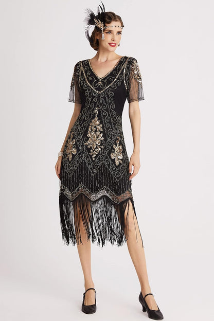 1920S Art Deco Fringed Sequin Dress Roaring 20S Flapper Fancy Dress