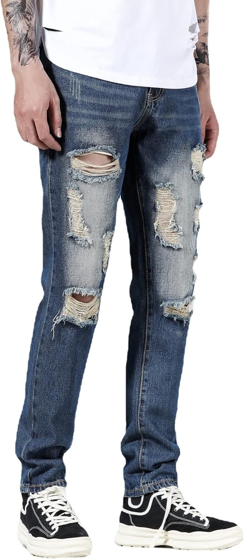 Men'S Ripped Distressed Destroyed Straight Fit Washed Denim Jeans Pants